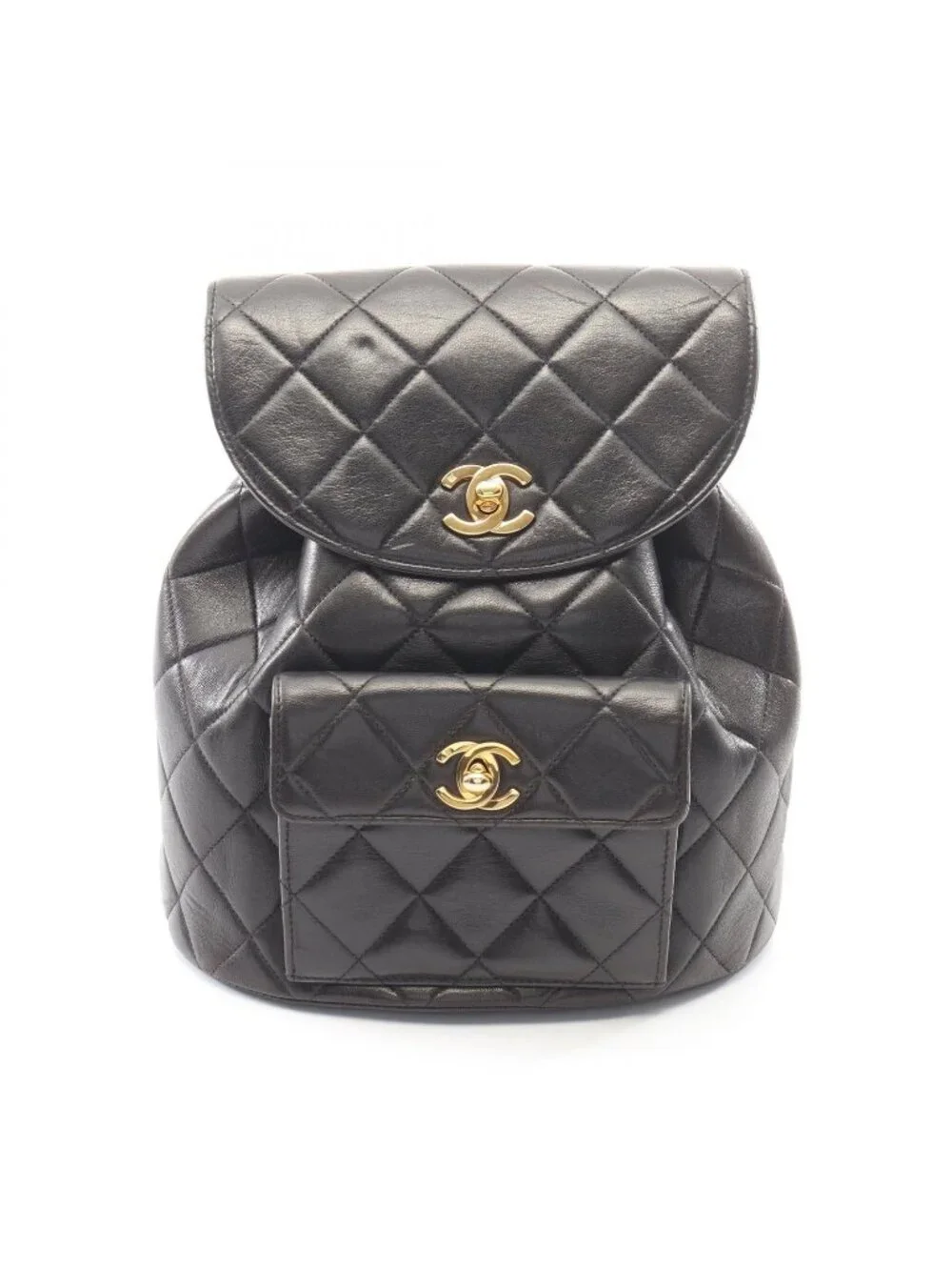 Chanel Backpack Quilted Black Lambskin Double Turnlock Chain